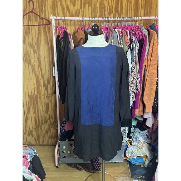 Madewell Color Block Silk Mini Dress Long Sleeves Blck & Blue Lined Sz S Zip - Picture 2 of 11
